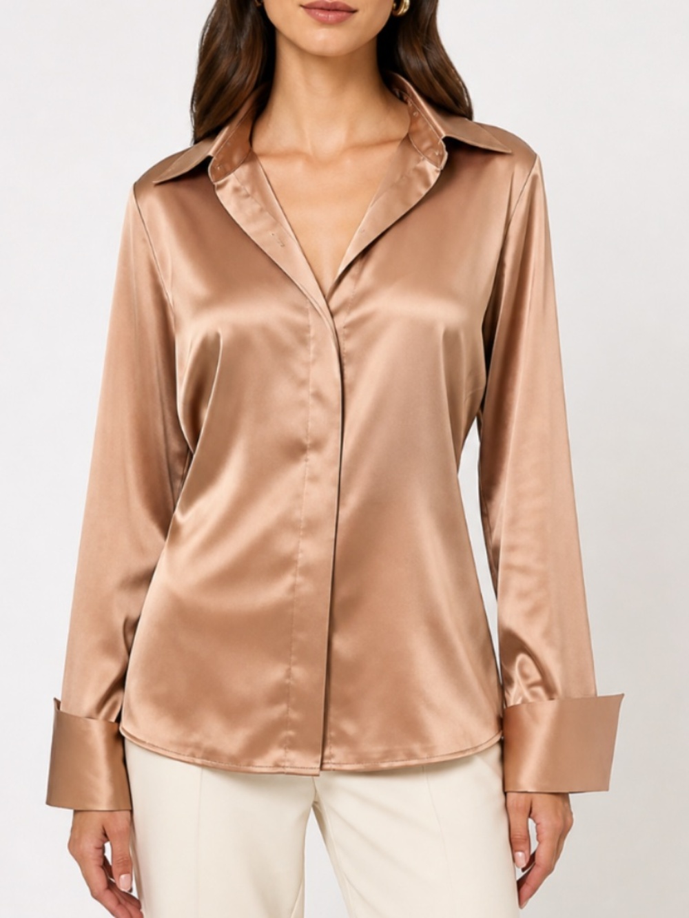 Boston Proper Satin Button Down Shirt in Tan